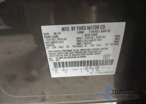 2019 Lincoln Nautilus Standard из США, поврежденный, VIN 2LMPJ6J95KBL61009